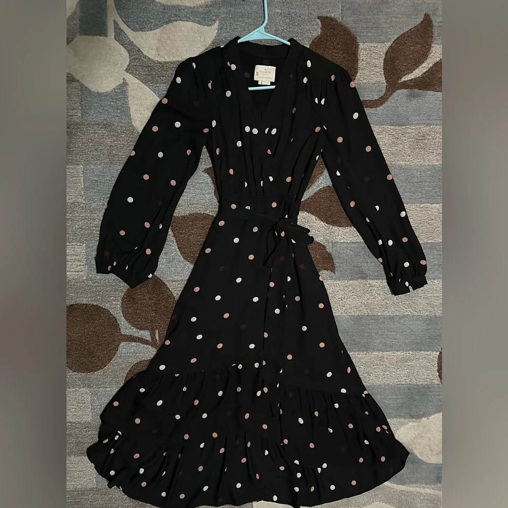Kate Spade Long Sleeve Bakery Dot Midi Wrap Dress Black w Pink & White Polka Dot - Picture 2 of 8
